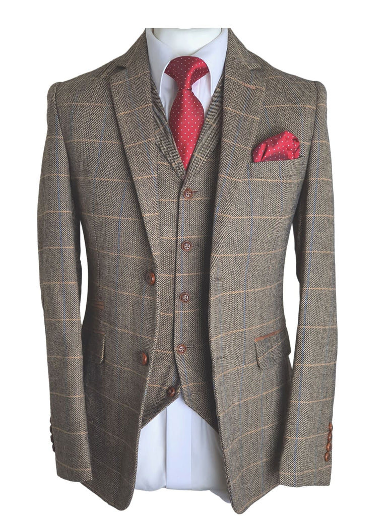 Barucci Louis Men’s Tan Slim Fit Tweed 3 Piece Suit - Suits