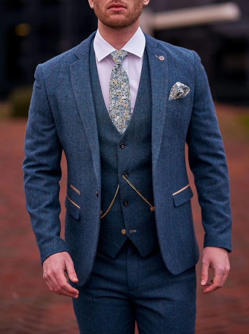 Marc Darcy Dion Mens 3 Piece Blue Slim Fit Check Tweed Suit - 36R / 30R - Suit & Tailoring