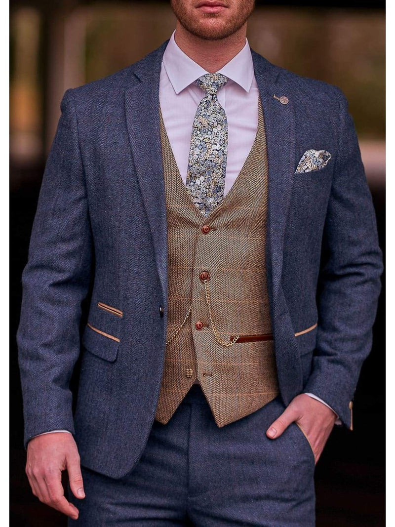 Blue Tweed Wedding Suit with Brown Waistcoat Marc Darcy Dion Ted - Suit & Tailoring