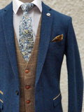 Blue Tweed Wedding Suit with Brown Waistcoat Marc Darcy Dion Ted - Suit & Tailoring