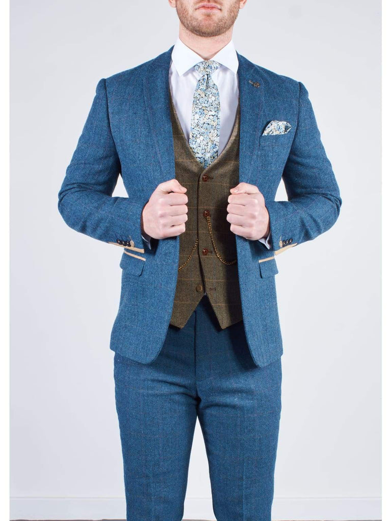 Blue Tweed Wedding Suit with Brown Waistcoat Marc Darcy Dion Ted - Suit & Tailoring