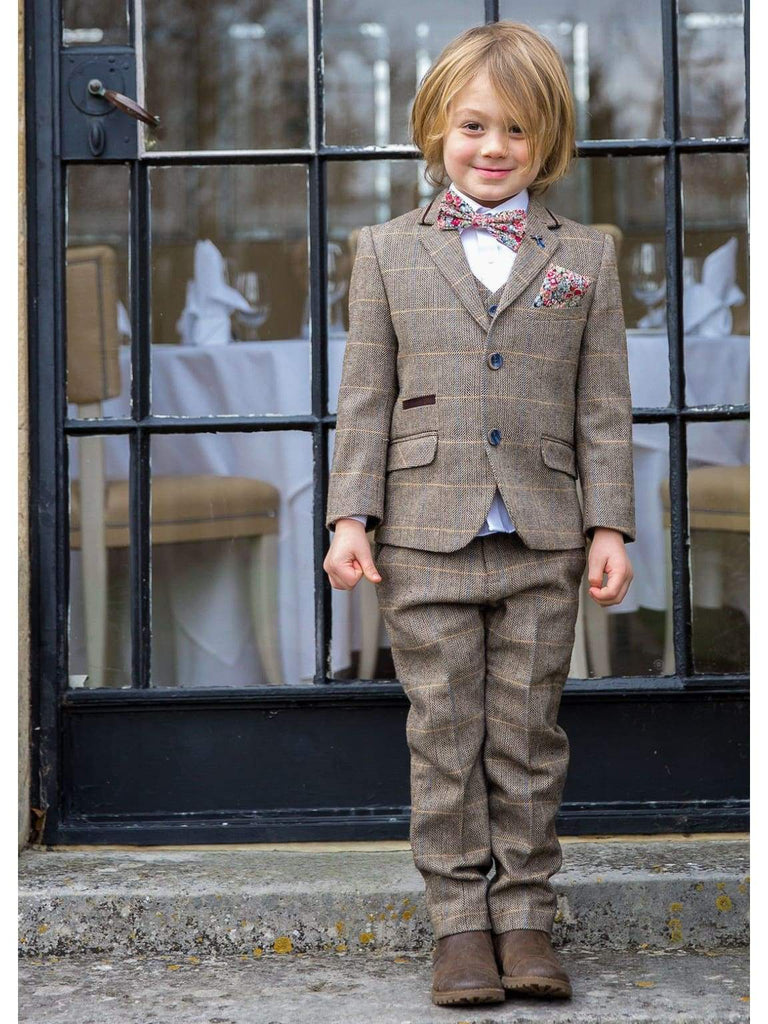Boys Cavani Albert Three Piece Brown Slim Fit Suit - Suit & Tailoring