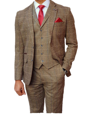 Classic Brown 3 Piece Tweed Suit Cavani Albert Slim Fit Check Suit - Suit & Tailoring