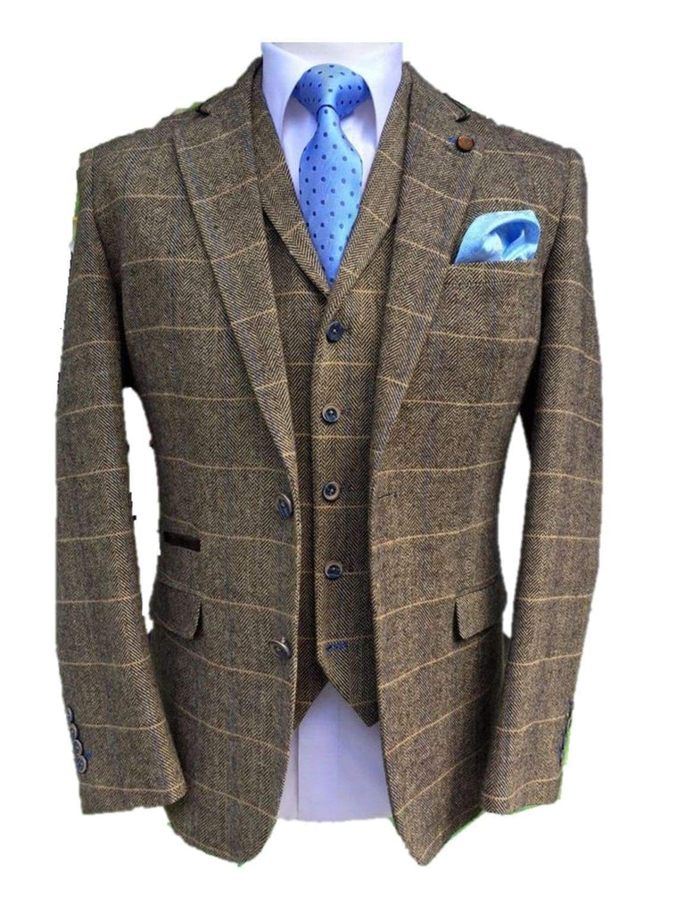 Classic Brown 3 Piece Tweed Suit Cavani Albert Slim Fit Check Suit - Suit & Tailoring