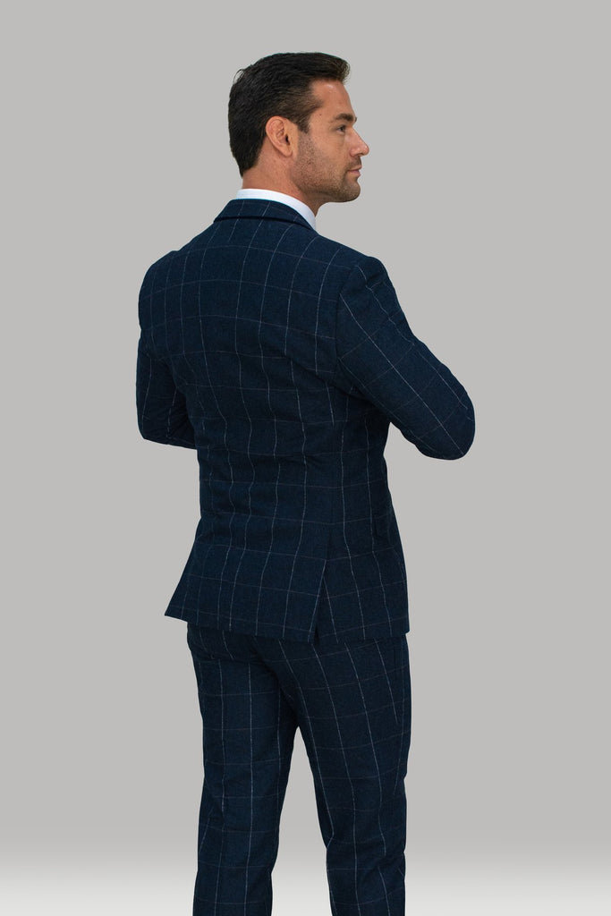 Navy 3 Piece Check Slim Fit Tweed Suit Cavani Angels