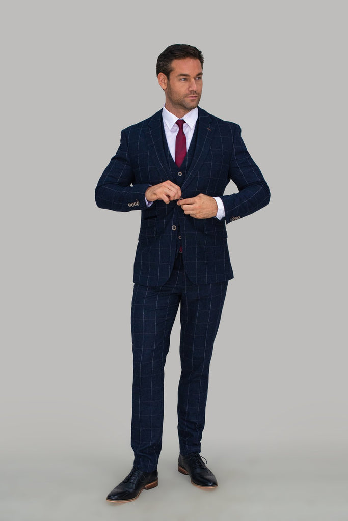 Navy 3 Piece Check Slim Fit Tweed Suit Cavani Angels