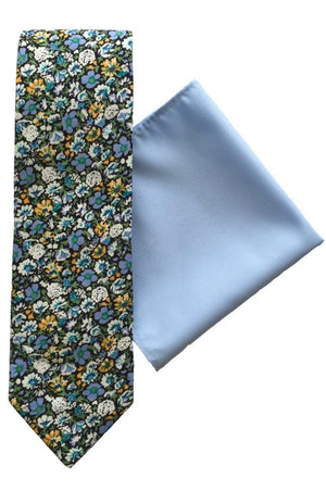 LA Smith Blue Yellow Floral Cotton Tie and Hank