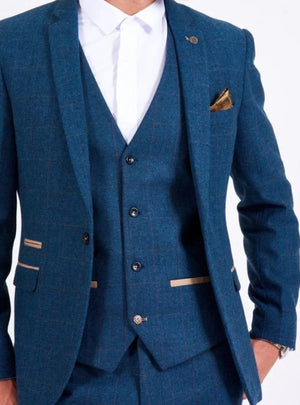 Marc Darcy Dion Mens Blue Slim Fit Check Tweed Blazer - Suit & Tailoring