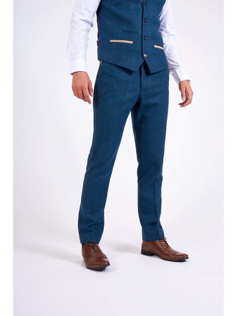 Marc Darcy Dion Mens Blue Slim Fit Check Tweed Trousers - 28S - Suit & Tailoring