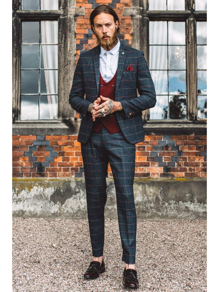 Marc Darcy Eton Mens 3 Piece Blue Slim Fit Tweed Suit - Suit & Tailoring