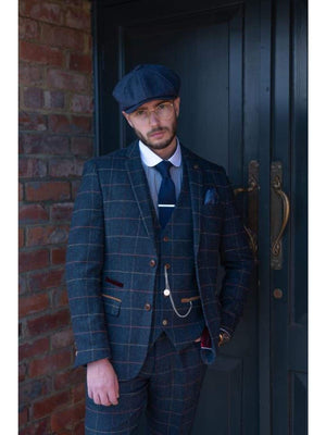 Marc Darcy Eton Mens Blue Slim Fit Tweed Check Blazer - 34R | EU44 - Suit & Tailoring