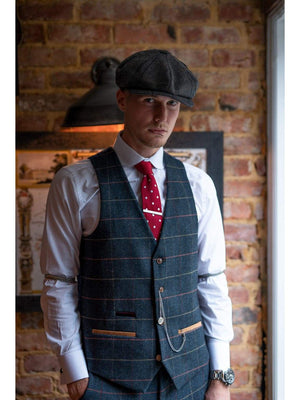 Marc Darcy Eton Mens Blue Slim Fit Tweed Check Suit Waistcoat - 34R | EU44 - Suit & Tailoring