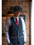 Marc Darcy Eton Mens Blue Slim Fit Tweed Check Suit Waistcoat - 34R | EU44 - Suit & Tailoring