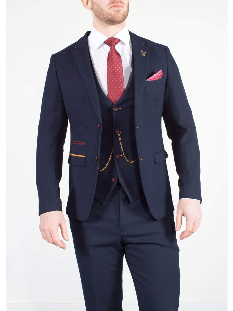 Marc Darcy JD4 Mens 3 Piece Navy Slim Fit Birds Eye Suit - Suit & Tailoring