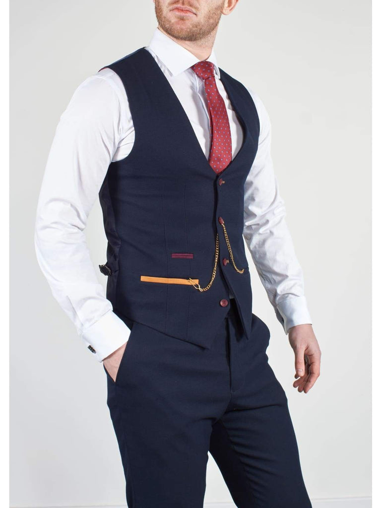 Marc Darcy JD4 Mens 3 Piece Navy Slim Fit Birds Eye Suit - Suit & Tailoring