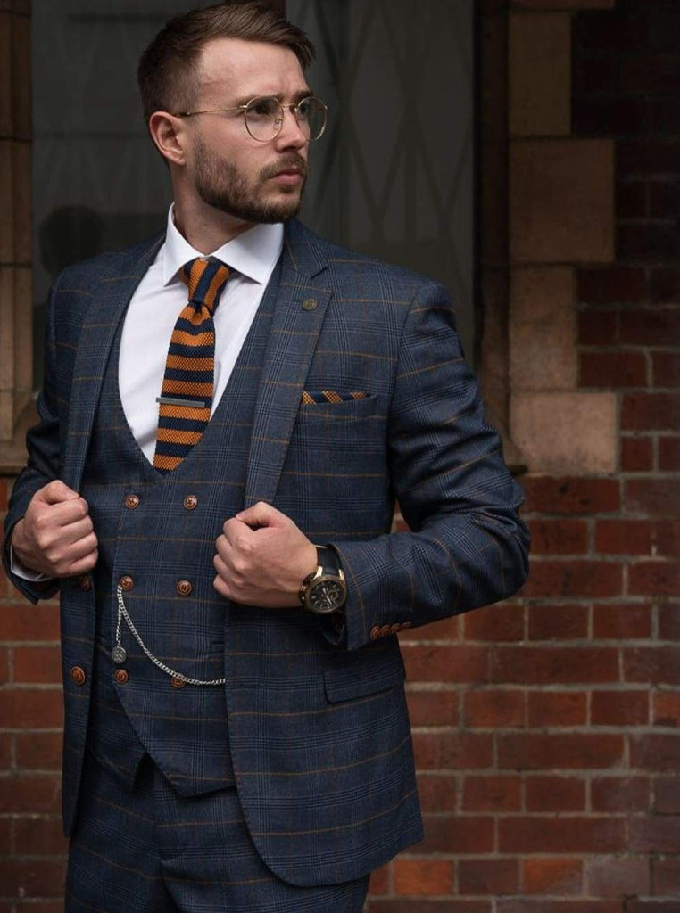 Marc Darcy Jenson Marine Navy Check Suit With Double Breasted Waistcoat - 36R / 30R - Suit & Tailoring