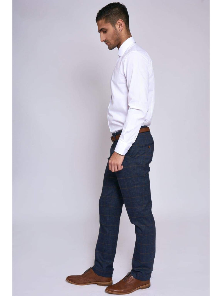 Marc Darcy Marine Navy Check Trousers - Suit & Tailoring