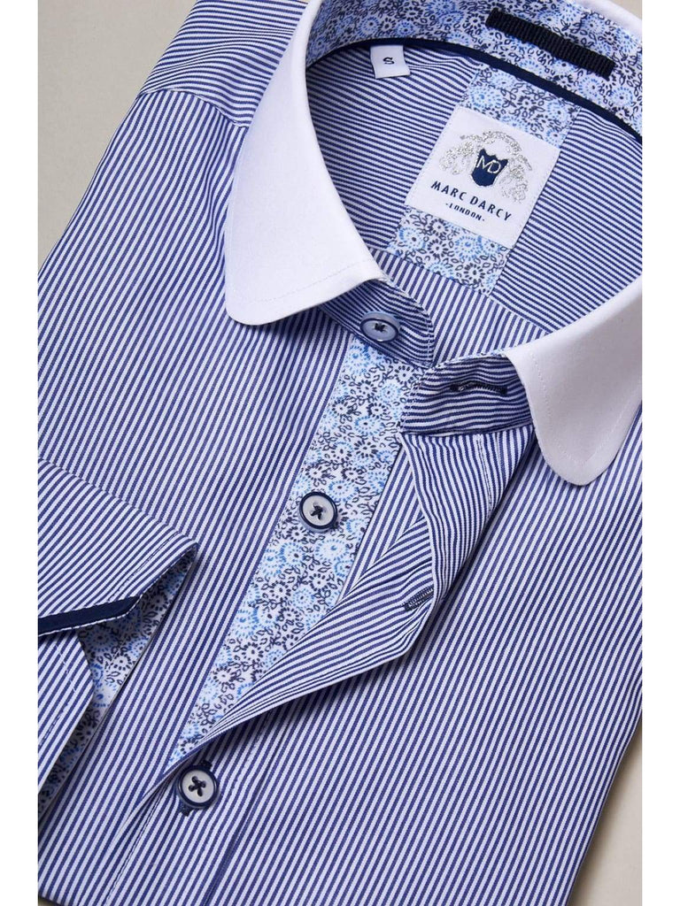 Marc Darcy Shelby Navy Blue Stripe Penny Collar Shirt - Shirts