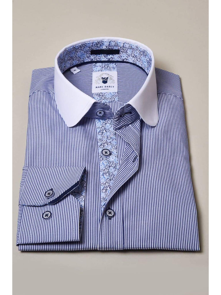 Marc Darcy Shelby Navy Blue Stripe Penny Collar Shirt - Shirts