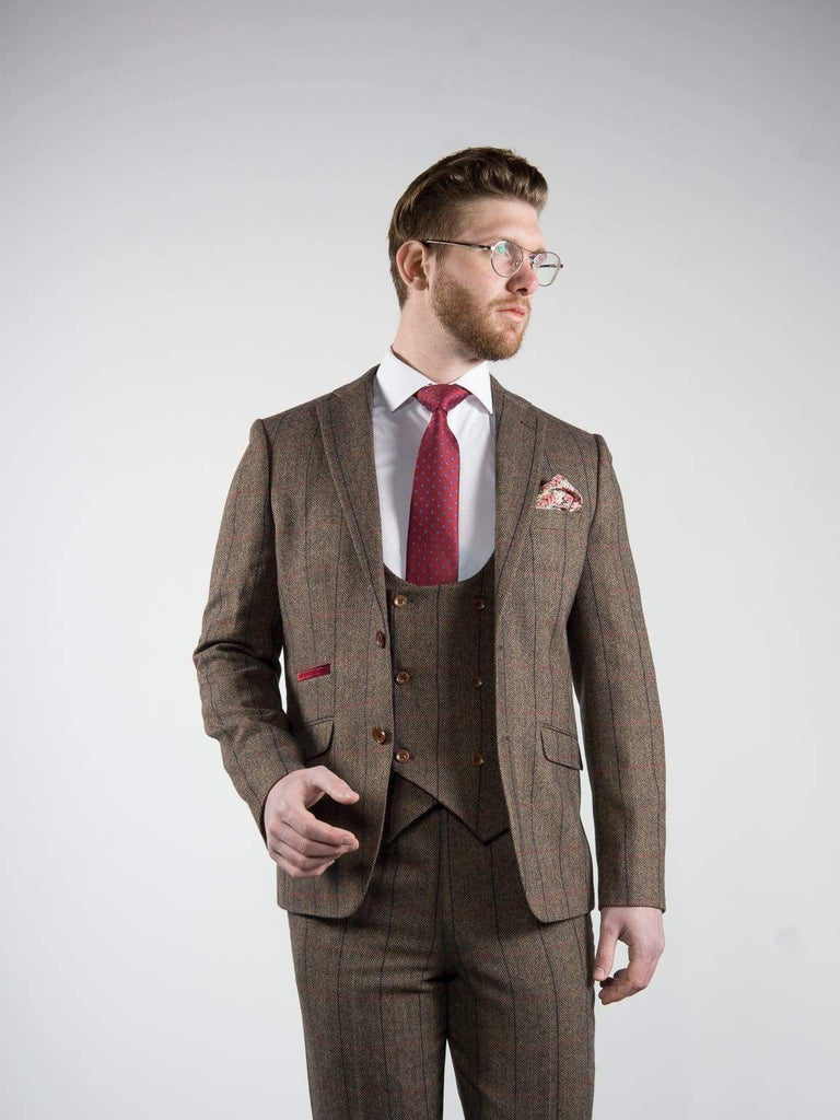 Marco Prince Ronan Mens 3 Piece Brown Slim Fit Check Tweed Suit - Suit & Tailoring