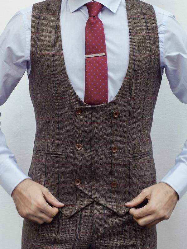 Marco Prince Ronan Mens 3 Piece Brown Slim Fit Check Tweed Suit - Suit & Tailoring