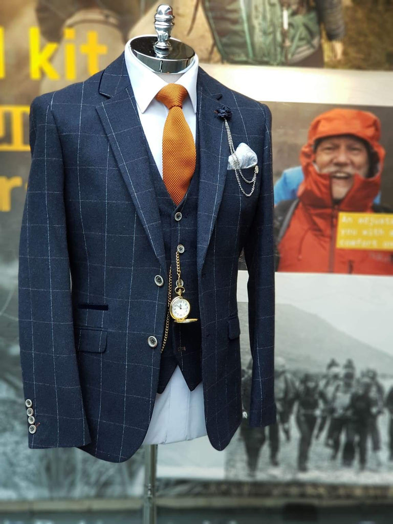 Cavani Angels Navy 3 Piece Check Slim Fit Tweed Suit - Suit & Tailoring