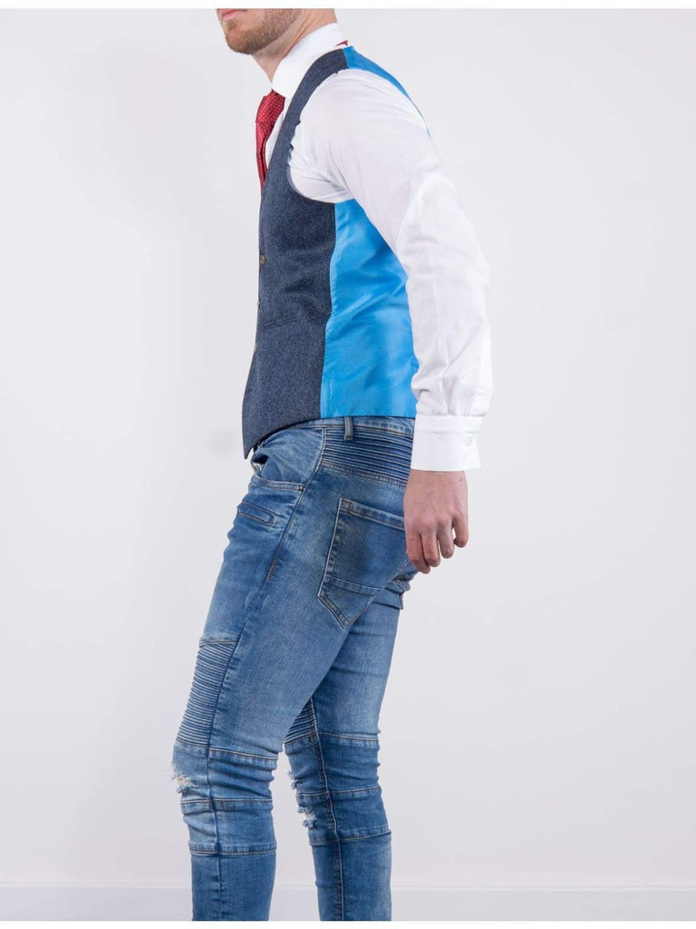 Torre Blue 100% British Wool Herringbone Mens Tweed Waistcoat - Suit & Tailoring