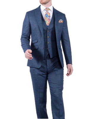 Torre Mens Blue 3 Piece 100% British Wool Tweed Suit - Suit & Tailoring