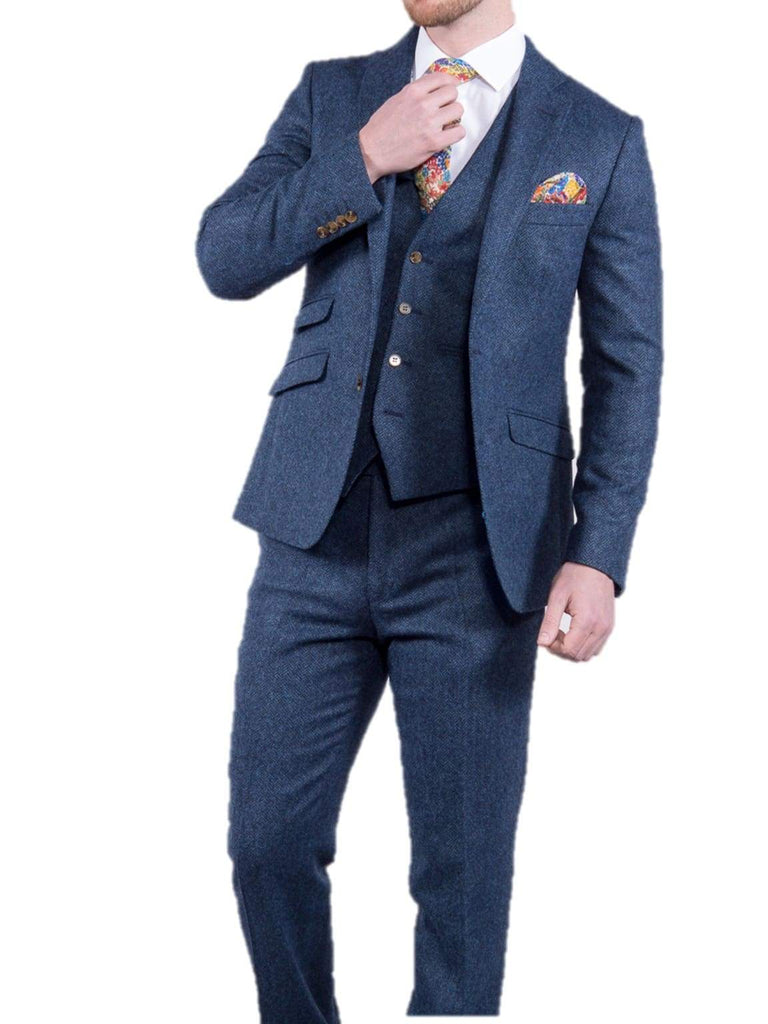 Torre Mens Blue 3 Piece 100% British Wool Tweed Suit - Suit & Tailoring