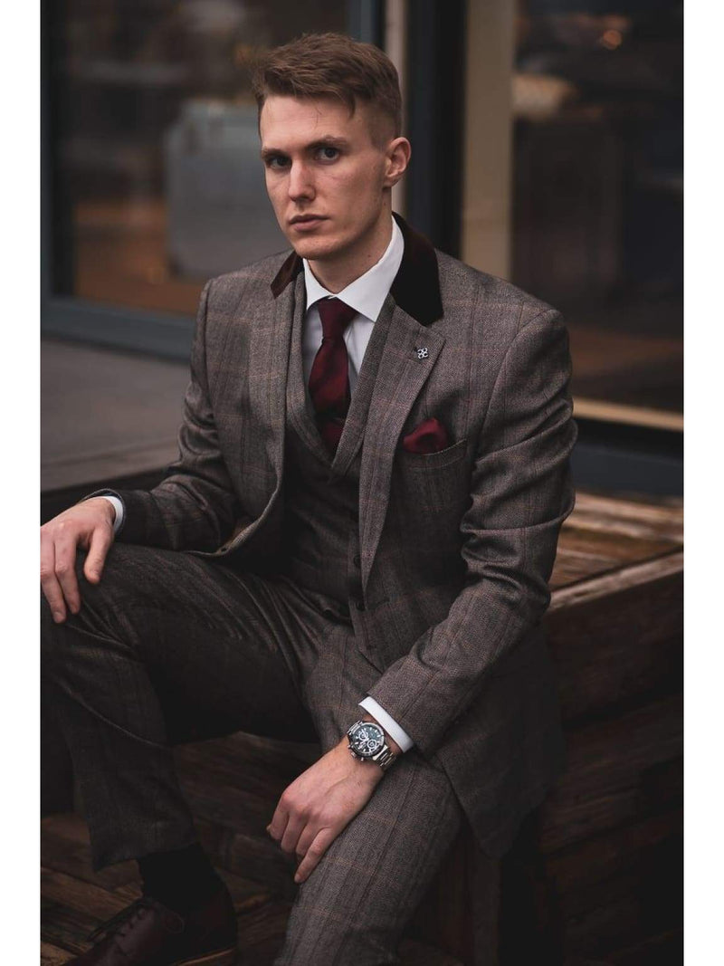 Tweed Brown Suit Connall 3 Piece Slim Fit Check by House of Cavani - Suit & Tailoring