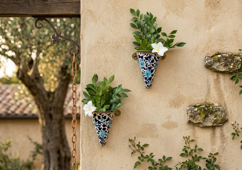 Two handcrafted blue pottery tapered cone wall vases with intricate blue, white, and turquoise floral details mounted on a textured stucco wall, holding green leafy stems and white flowers.