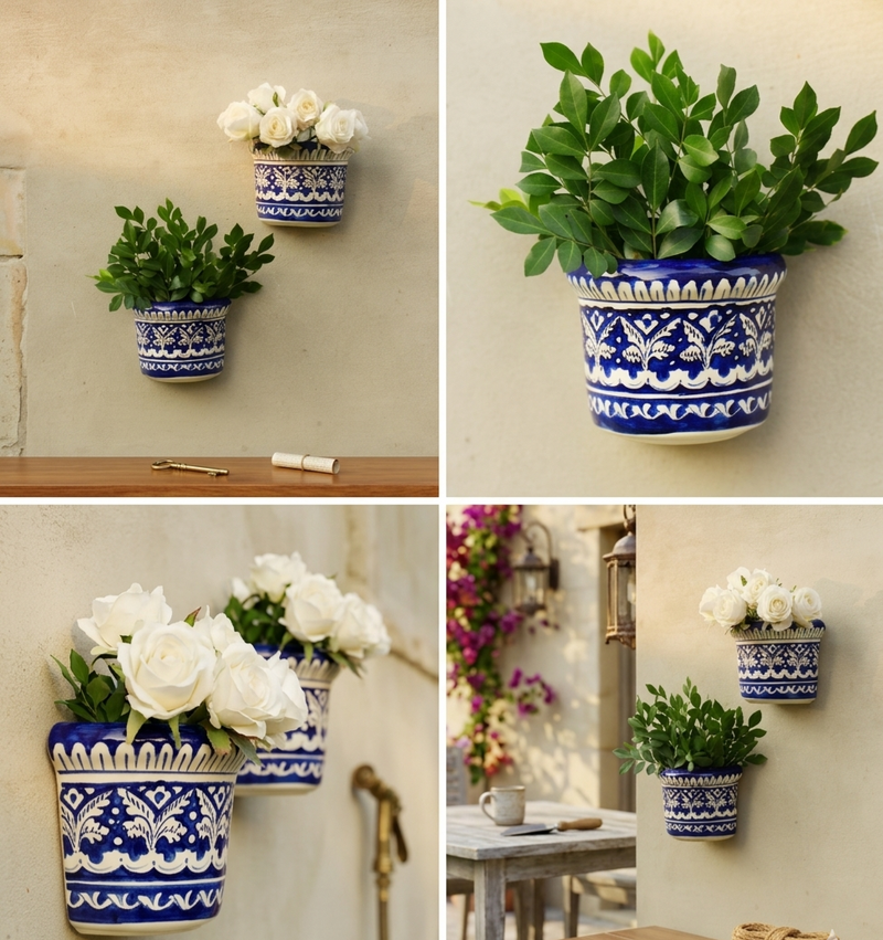 Two handcrafted blue pottery wall hanging pots with blue and white patterns mounted on a rustic stone wall, one holding white roses and the other green foliage.