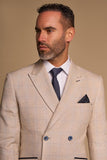 Cavani Caridi Beige Slim Fit Tweed Double Breasted Check Blazer - Jackets