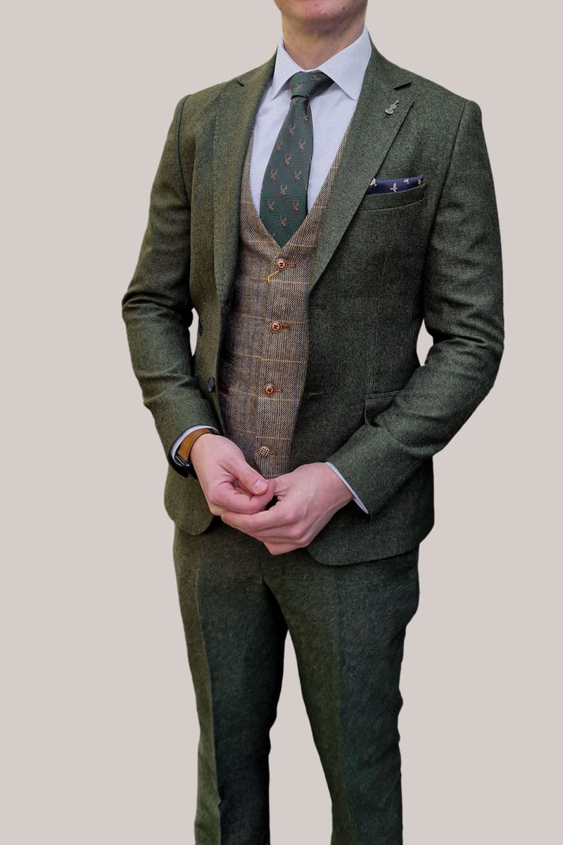 Fratelli Robbie Men’s Green Tweed Suit with Marc Darcy Ted Tan Tweed Waistcoat - Suits