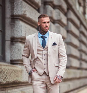 Cavani Sandom Beige Men's Three Piece Slim Fit Tweed Suit