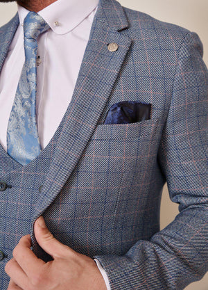 Marc Darcy Harry 3 Piece Light Blue Slim Fit Tweed Check Mix & Match Suit