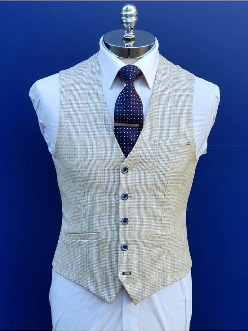 Cavani Caridi Mens Cream Slim Fit Textured Check Waistcoat - Suit & Tailoring