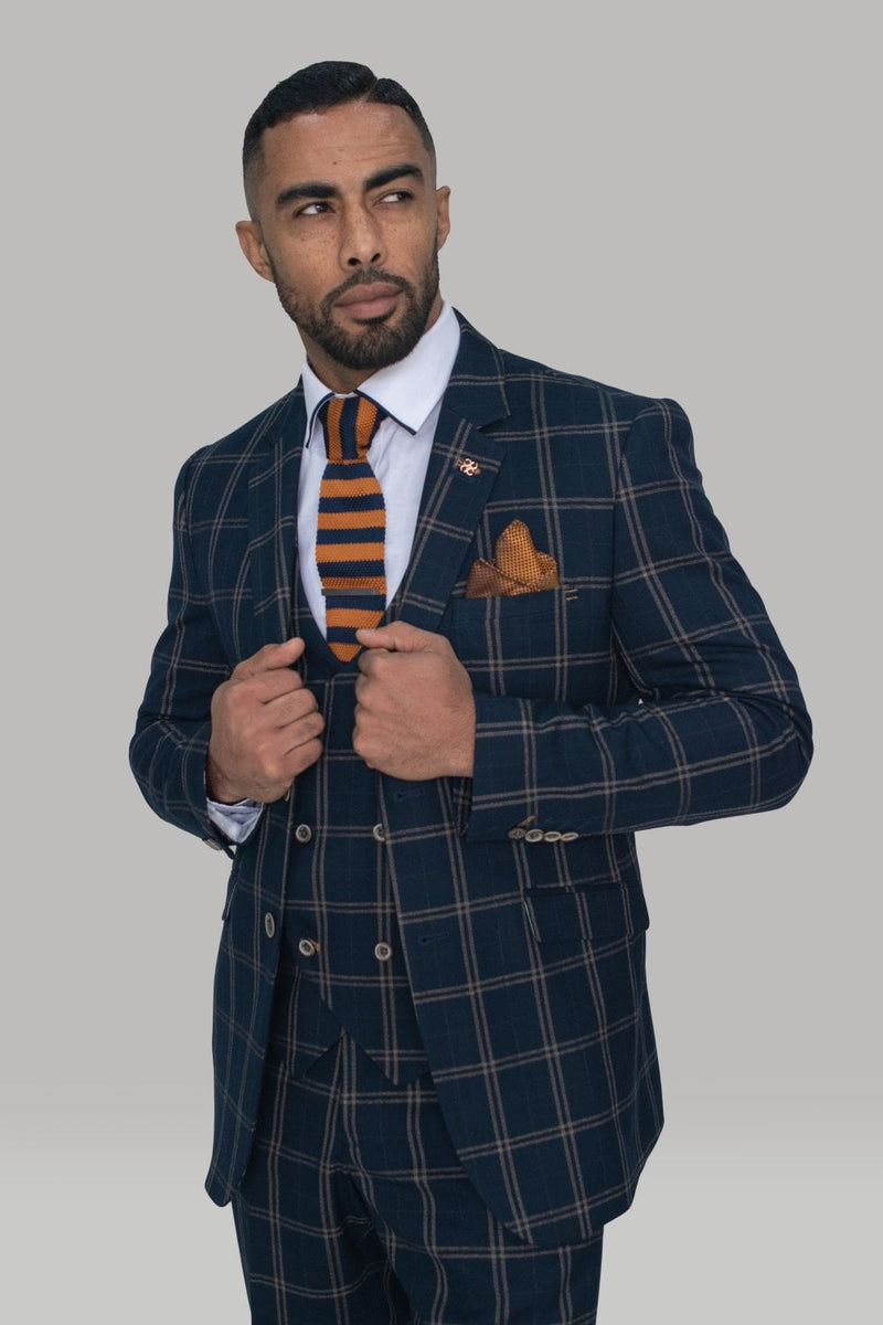 Cavani Hardy Navy Check Herringbone Three Piece Suit