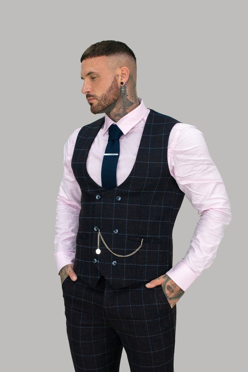 Cavani Kerber Navy Check Skinny Three Piece Suit