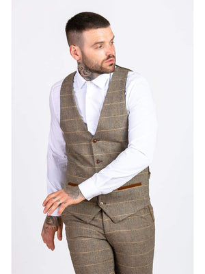 LEN DX7 - Tan Tweed Herringbone Check Waistcoat - 34R - Suit & Tailoring