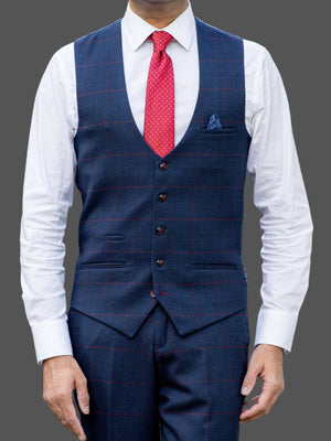 Marc Darcy Edinson Navy Check Single Breasted Waistcoat - 34R | EU44 - WAISTCOATS