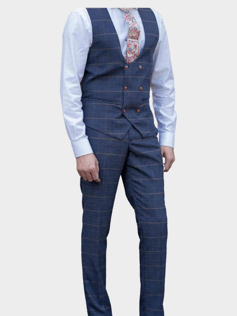 Marc Darcy Jenson Marine Navy Check Double Breasted Waistcoat - Suit & Tailoring