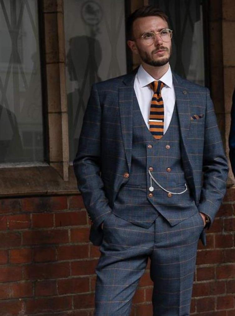 Light Grey Subtle Check Three Piece Suit With Contrasting Navy Waistcoat   Suits Distributors