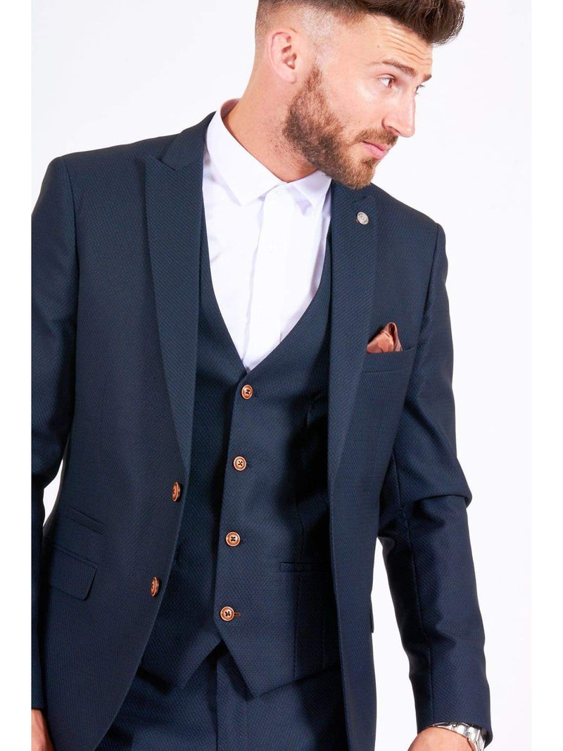 Marc Darcy Max Navy Three Piece Suit with Contrast Buttons - Suit & Tailoring