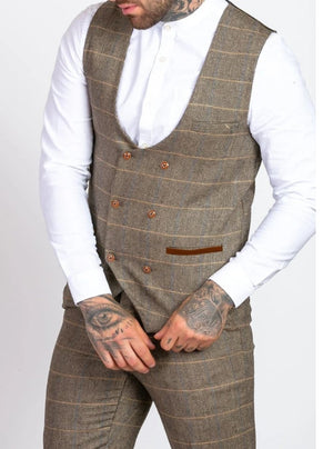 Marc Darcy Tan Tweed Check Double Breasted Waistcoat - Suit & Tailoring