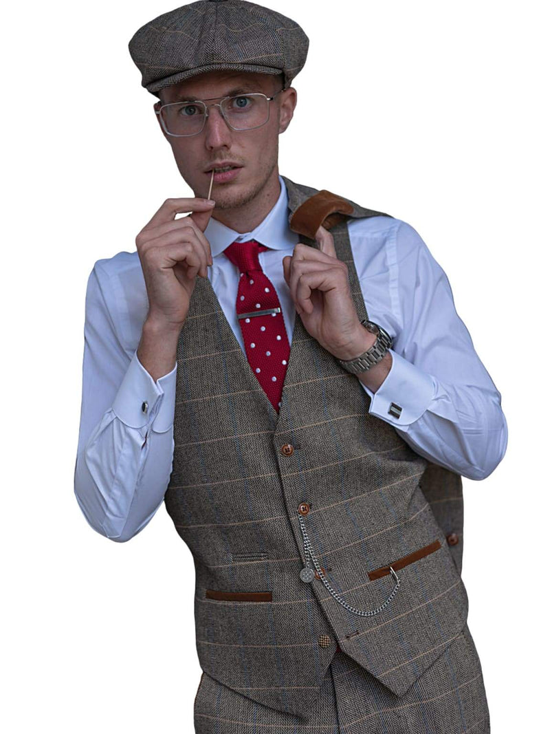 Marc Darcy Ted Tan Tweed Herringbone Check Waistcoat - 34R