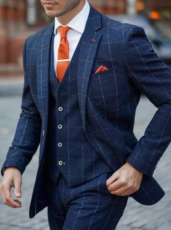 Men's & Boys' Tweed Check Suit Set - Slim Fit Retro Blue Matching Outfits