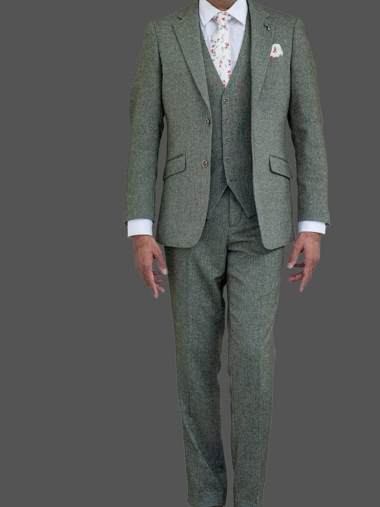 Skopes Jude Sage Green Herringbone Tweed 3 Piece Suit - Suits