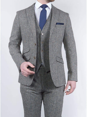 Torre Mens 3 Piece Grey 100% Wool Donegal Tweed Suit - Suit & Tailoring